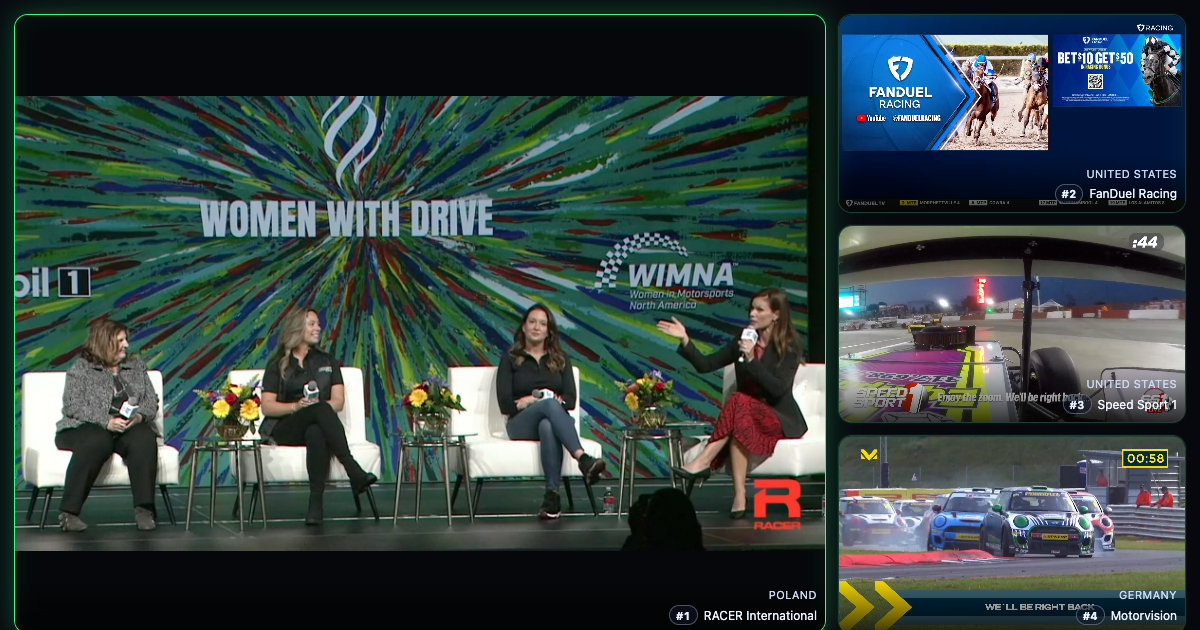 LiveGrid F1 Channel live motorsport wall with RACER International, FanDuel Racing, Speed Sport 1, and Motorvision
